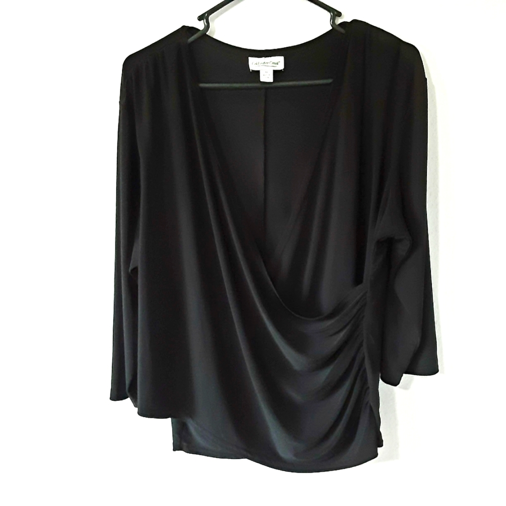 Coldwater Creek Women's Black Blouse Faux Wrap Gathered on Side - 1X